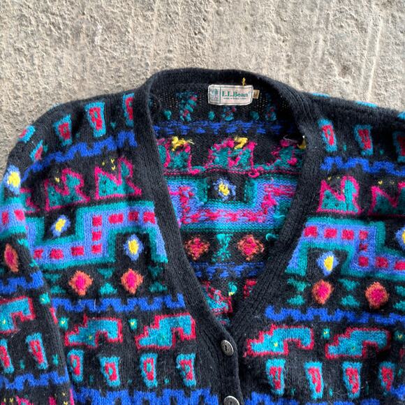 VINTAGE L.L. BEAN CARDIGAN SWEATER ARGYLE GEOMETRIC ABSTRACT KNIT LARGE 80S 90S - Picture 4 of 5